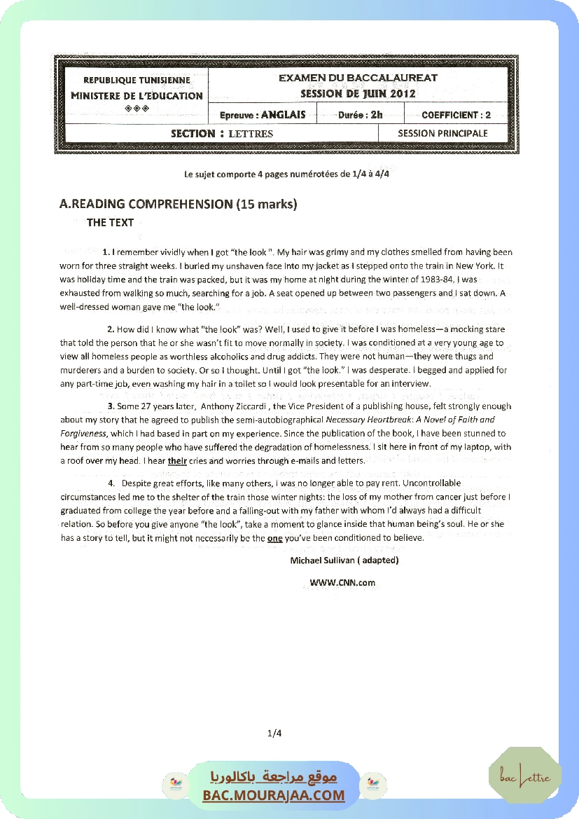 Sujet principale anglais Bac 2012 – Section lettre